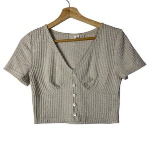 SO Beige Waffle Knit Button Front Crop Short Sleeve Top M